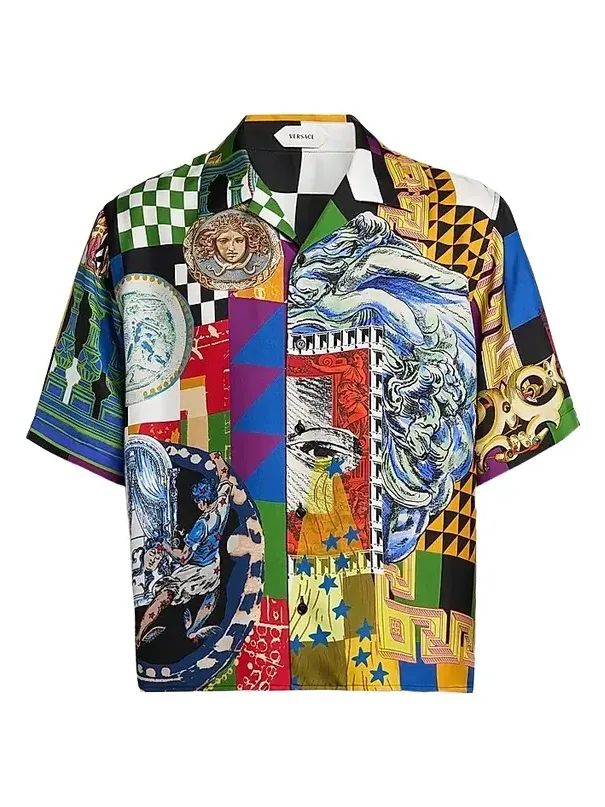 Versace Men's Medusa Collage Silk Twill Camp Shirt