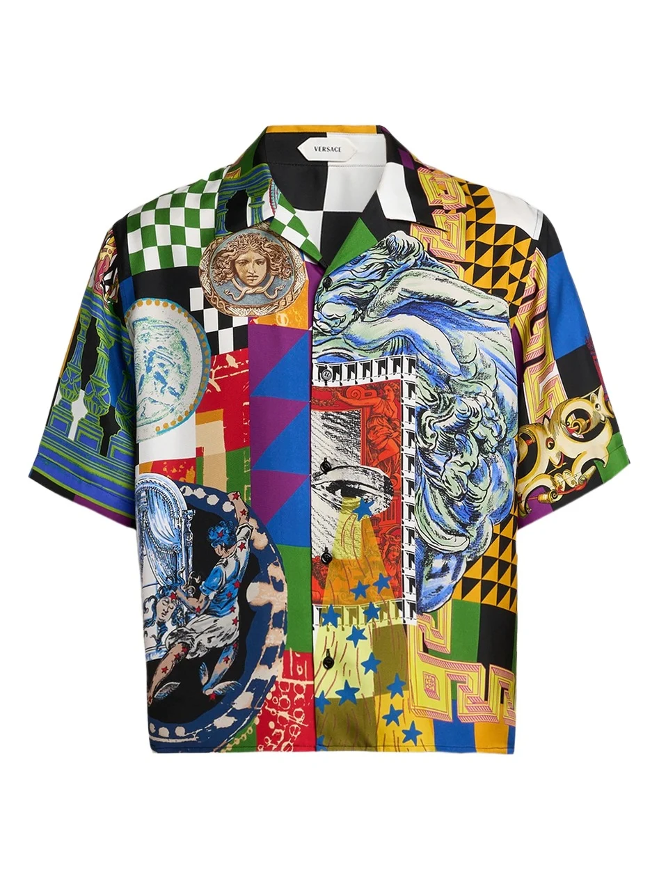 Men's Medusa Collage Silk Twill Camp Shirt
