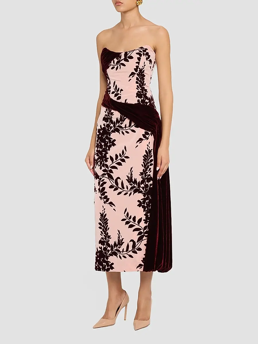 Lela Rose Women's Flocked Taffeta Velvet-Draped Midi Dress | Thumbnail 4 Lela Rose Women's Flocked Taffeta Velvet-Draped Midi Dress | Thumbnail 4