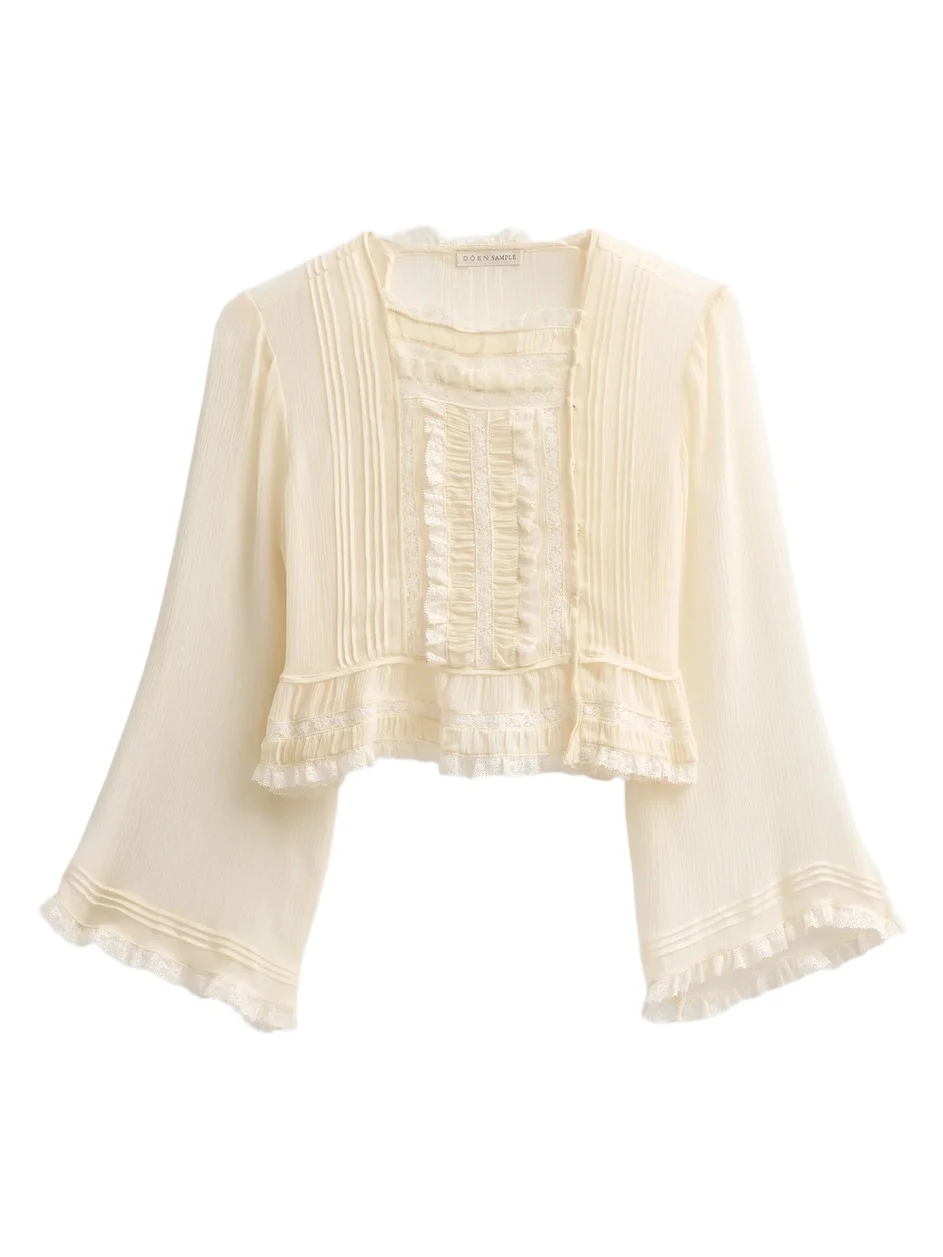 DÔEN Women's Elodine Lace-Trim Silk Plissé Top