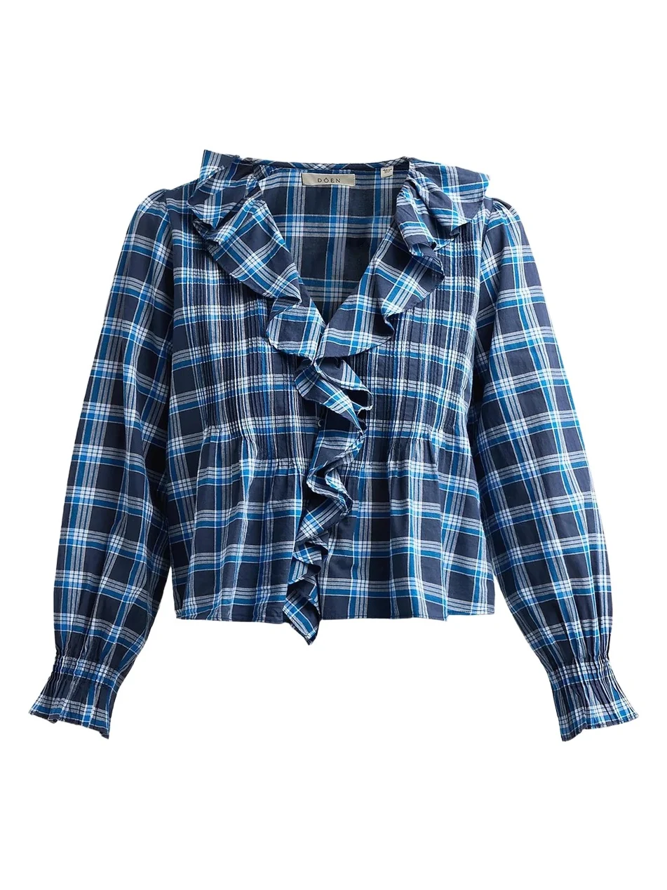 DÔEN Women's Hardy Ruffle-Trim Plaid Cotton Top