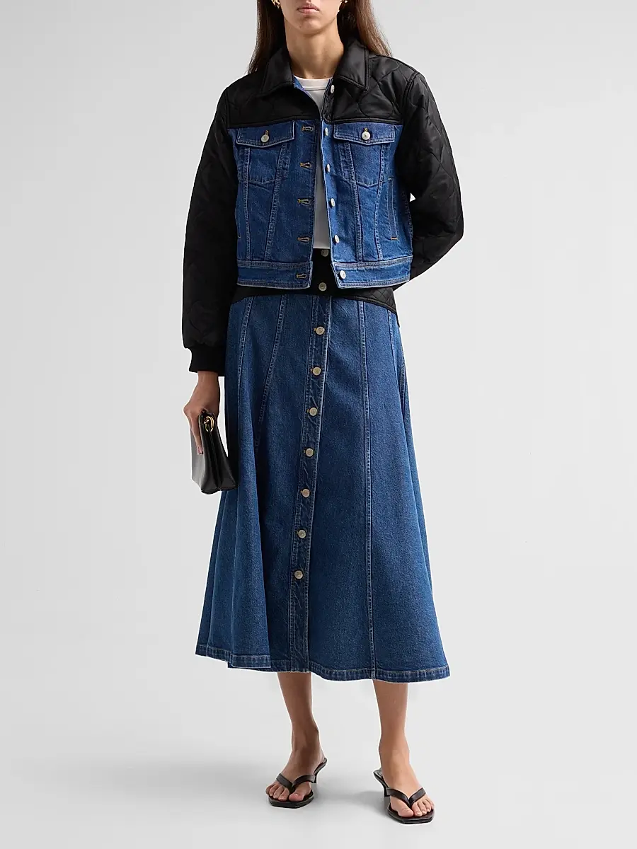 Cinq à Sept Women's Quentin Mixed-Media Quilted Denim Midi Skirt | Thumbnail 2 Cinq à Sept Women's Quentin Mixed-Media Quilted Denim Midi Skirt | Thumbnail 2