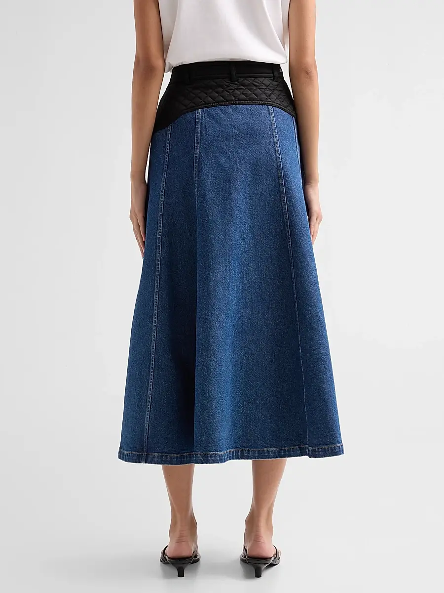 Cinq à Sept Women's Quentin Mixed-Media Quilted Denim Midi Skirt | Thumbnail 3 Cinq à Sept Women's Quentin Mixed-Media Quilted Denim Midi Skirt | Thumbnail 3