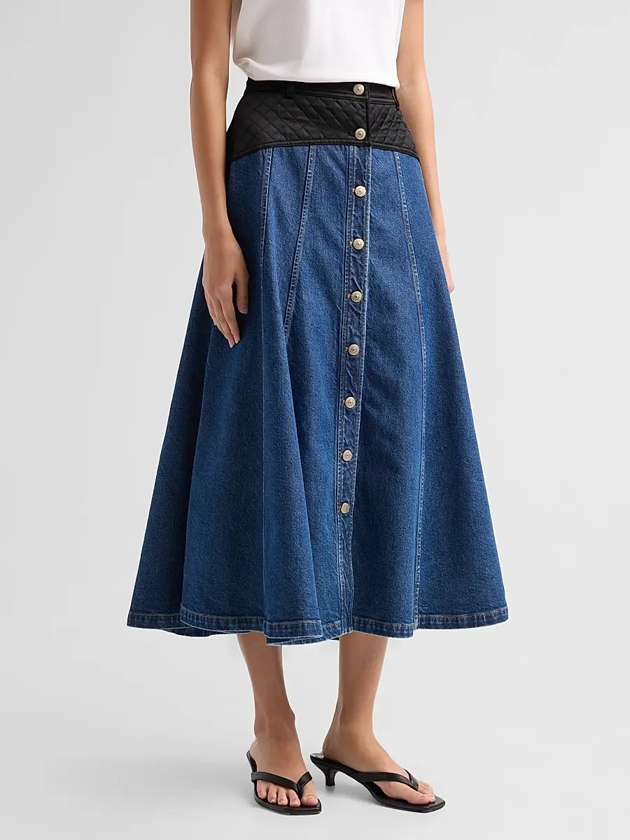 Cinq à Sept Women's Quentin Mixed-Media Quilted Denim Midi Skirt | Thumbnail 4 Cinq à Sept Women's Quentin Mixed-Media Quilted Denim Midi Skirt | Thumbnail 4