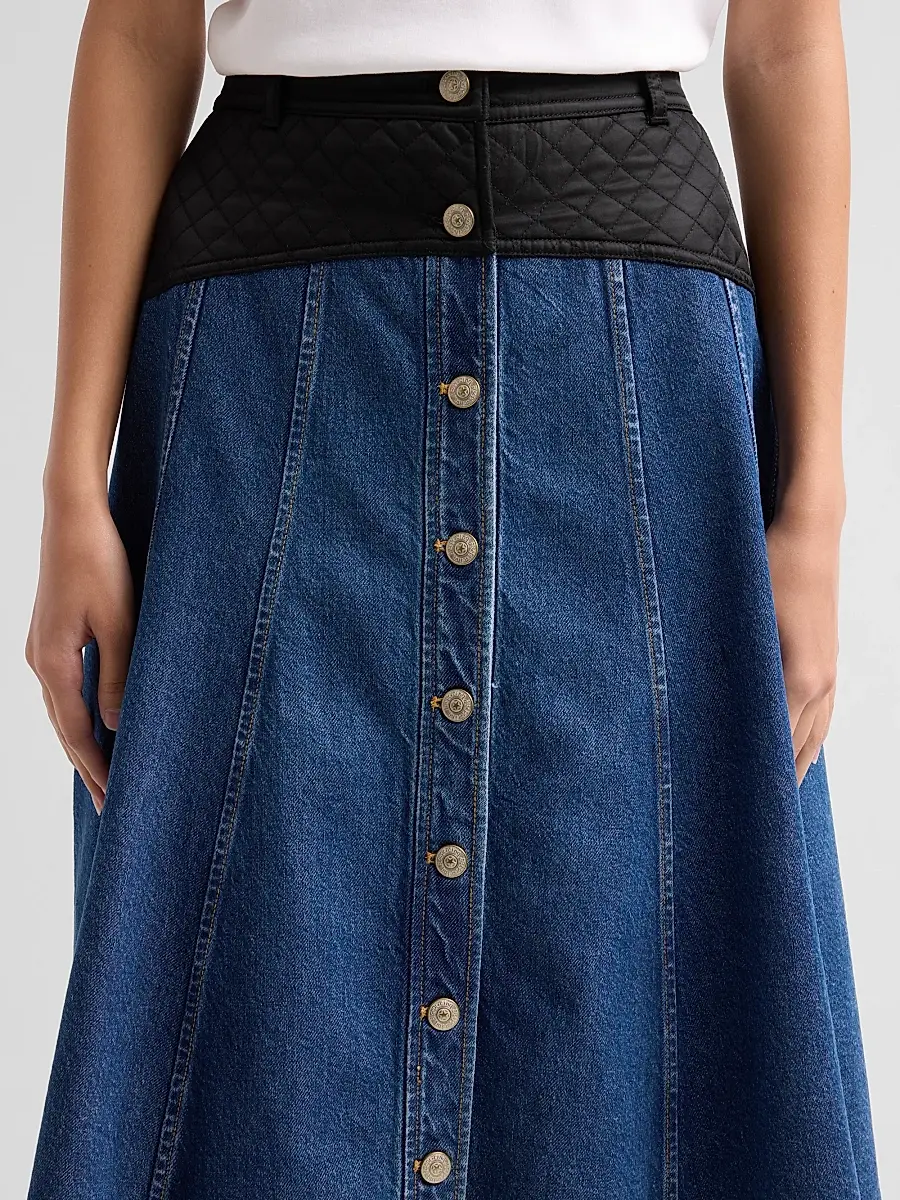 Cinq à Sept Women's Quentin Mixed-Media Quilted Denim Midi Skirt | Thumbnail 5 Cinq à Sept Women's Quentin Mixed-Media Quilted Denim Midi Skirt | Thumbnail 5