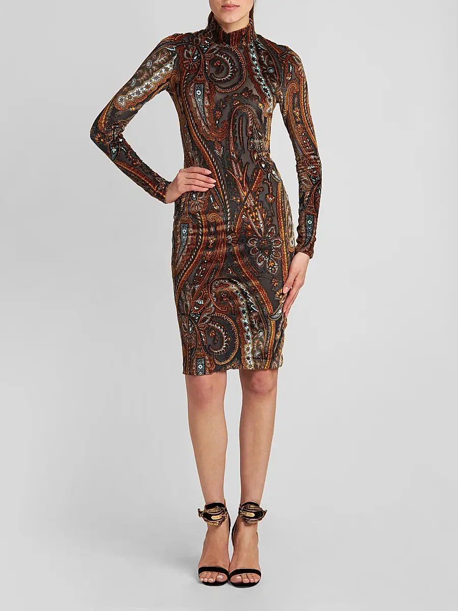 Etro Women's Velvet Paisley Sheer Knee-Length Dress | Thumbnail 2 Etro Women's Velvet Paisley Sheer Knee-Length Dress | Thumbnail 2