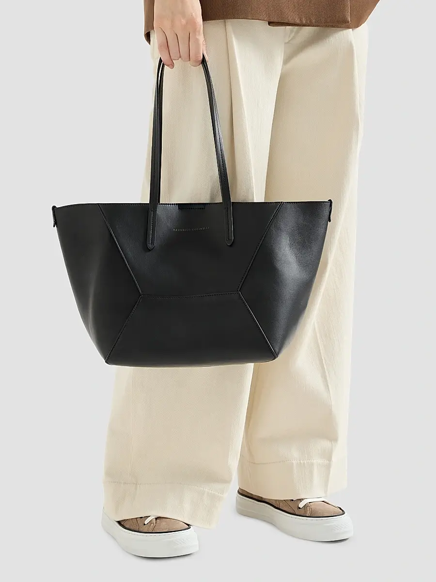Brunello Cucinelli Women's Duo Small Tote Bag in Calfskin with Monili - Black | Thumbnail 2