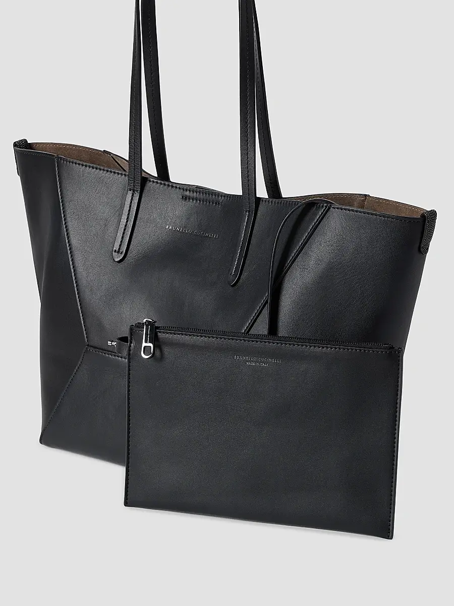 Brunello Cucinelli Women's Duo Small Tote Bag in Calfskin with Monili - Black | Thumbnail 5