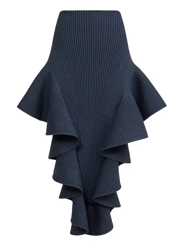 Alaïa Women's Rib-Knit Ruffle Midi Skirt