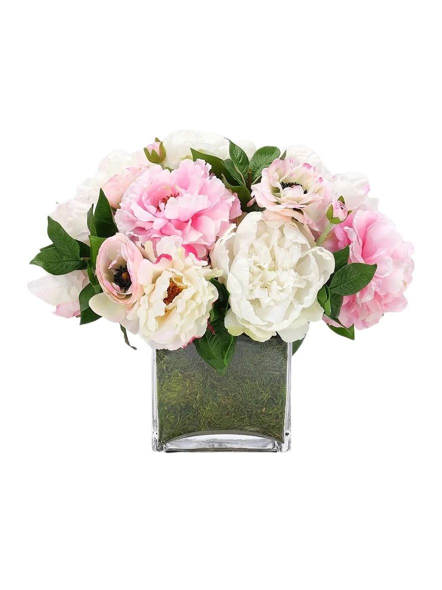 NDI Peonies & Ranunculus Faux Floral Arrangement in Moss Glass Cube