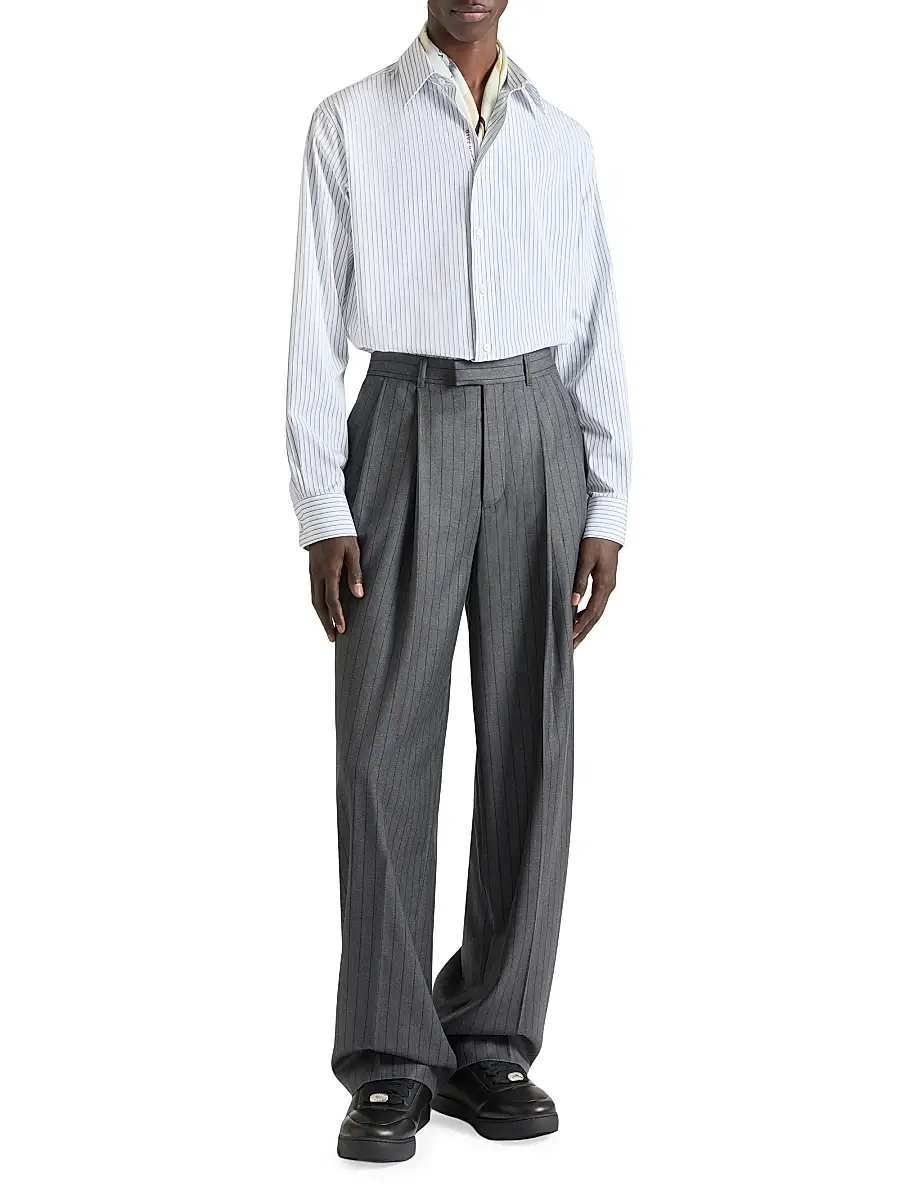 Givenchy Men's Double Pleated Striped Pants in Wool - Grey Brown | Thumbnail 2 Givenchy Men's Double Pleated Striped Pants in Wool - Grey Brown | Thumbnail 2