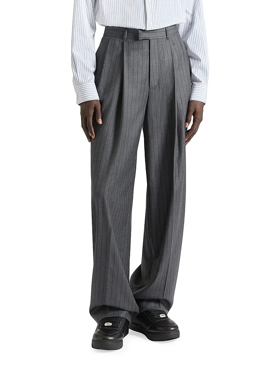 Givenchy Men's Double Pleated Striped Pants in Wool - Grey Brown | Thumbnail 3 Givenchy Men's Double Pleated Striped Pants in Wool - Grey Brown | Thumbnail 3