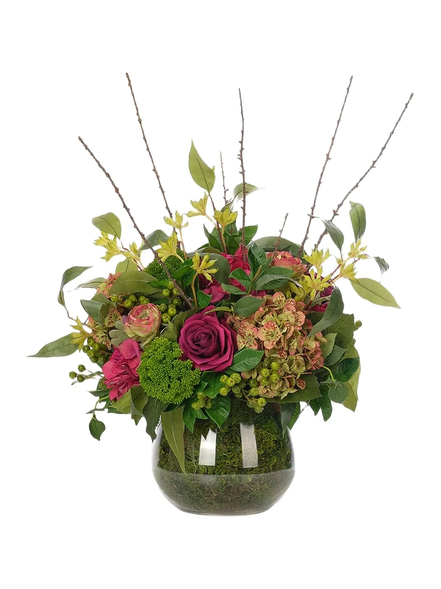NDI Roses & Hydrangeas Faux Floral Arrangement in Moss Glass Vase