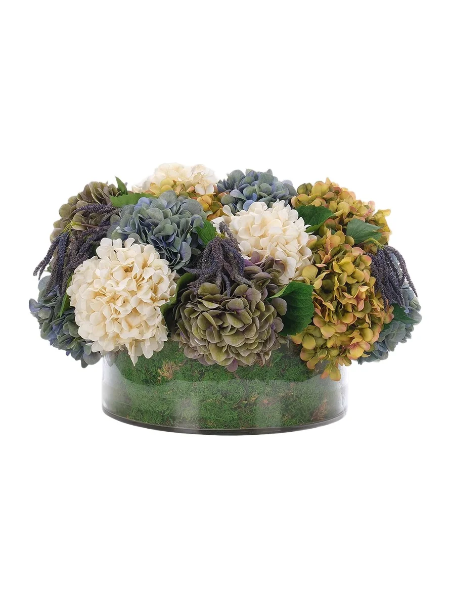 NDI Hydrangeas Faux-Floral Arrangement in Moss Glass Vase