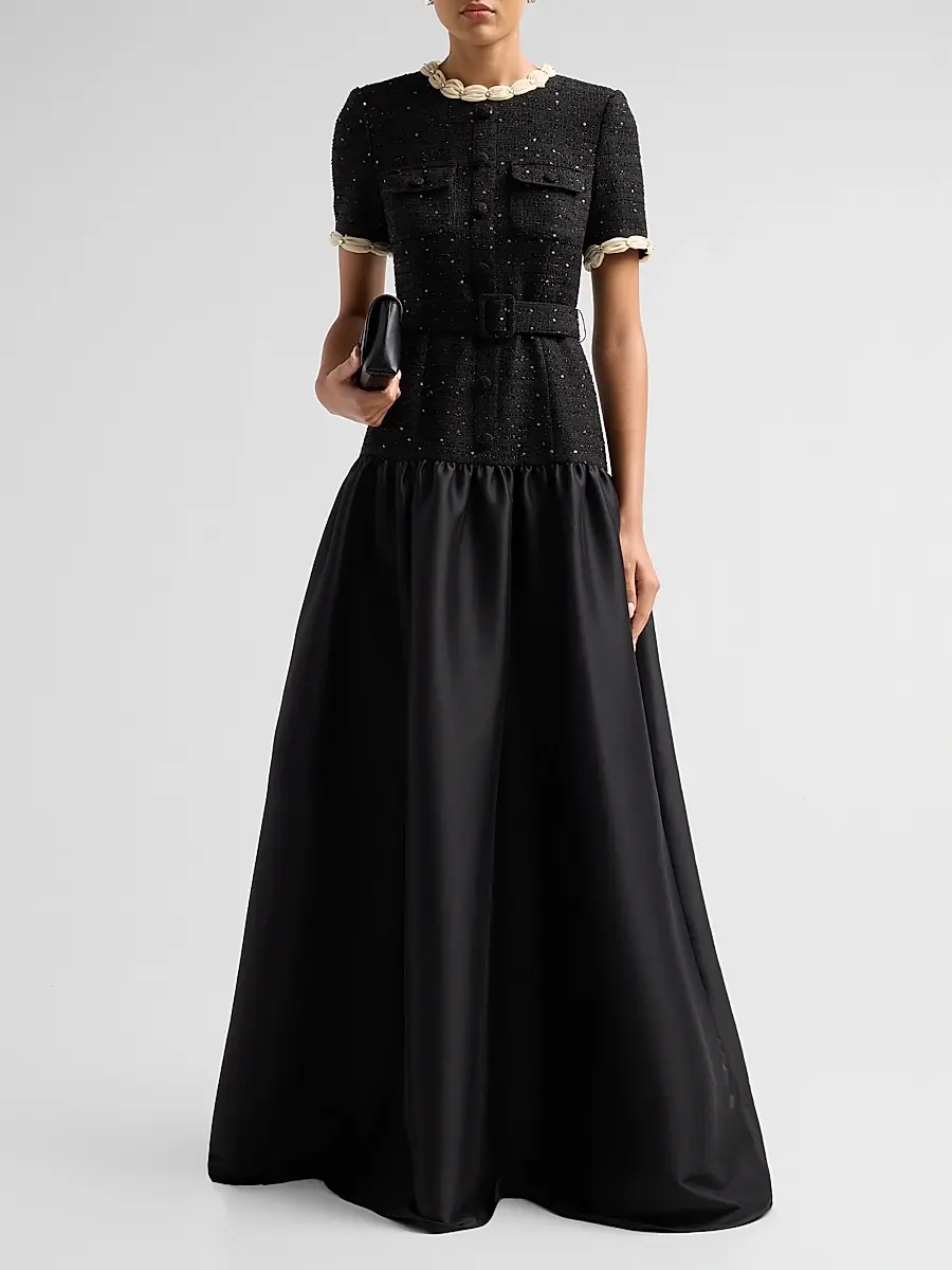 BADGLEY MISCHKA Women's Embellished Tweed & Satin Gown - Black | Thumbnail 2 BADGLEY MISCHKA Women's Embellished Tweed & Satin Gown - Black | Thumbnail 2