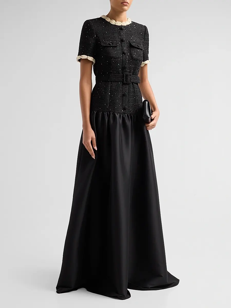 BADGLEY MISCHKA Women's Embellished Tweed & Satin Gown - Black | Thumbnail 4 BADGLEY MISCHKA Women's Embellished Tweed & Satin Gown - Black | Thumbnail 4