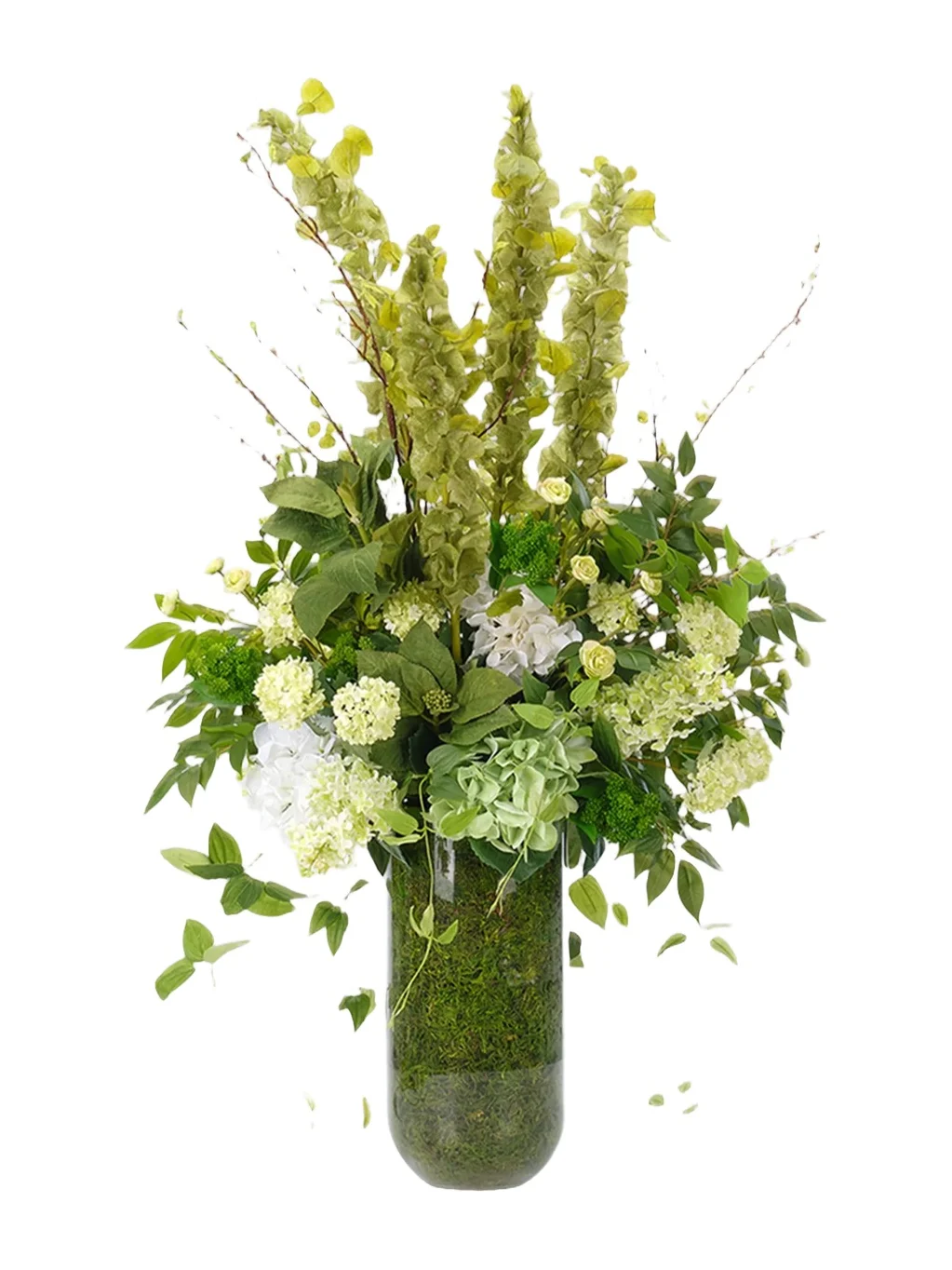 NDI Hydrangeas & Bells of Ireland Faux Floral Arrangement in Moss Glass Vase