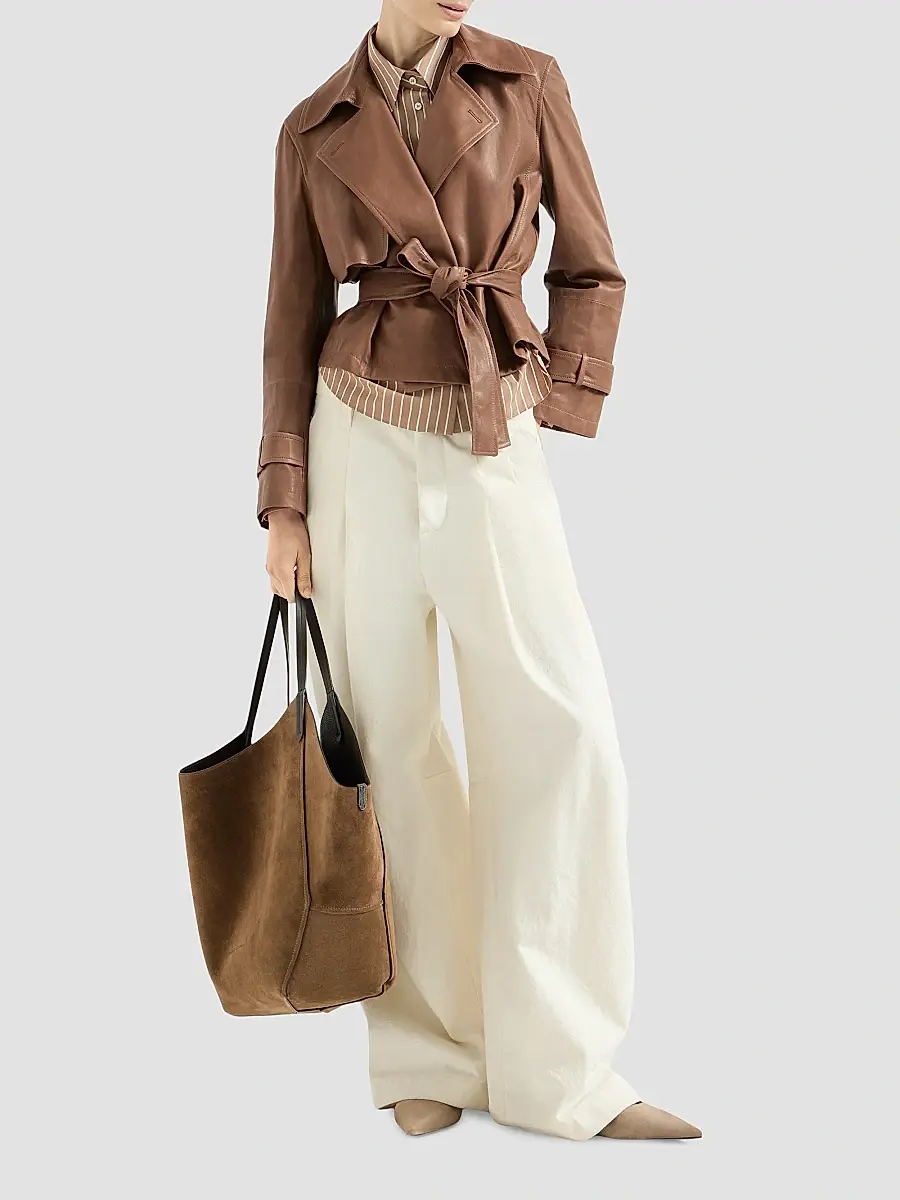 Brunello Cucinelli Women's Vintage Nappa Leather Cropped Trench with Monili - Brown | Thumbnail 2 Brunello Cucinelli Women's Vintage Nappa Leather Cropped Trench with Monili - Brown | Thumbnail 2