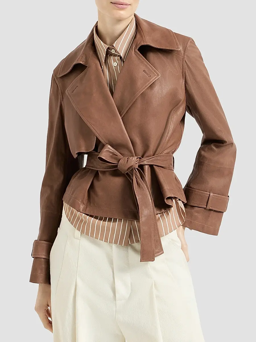Brunello Cucinelli Women's Vintage Nappa Leather Cropped Trench with Monili - Brown | Thumbnail 3 Brunello Cucinelli Women's Vintage Nappa Leather Cropped Trench with Monili - Brown | Thumbnail 3