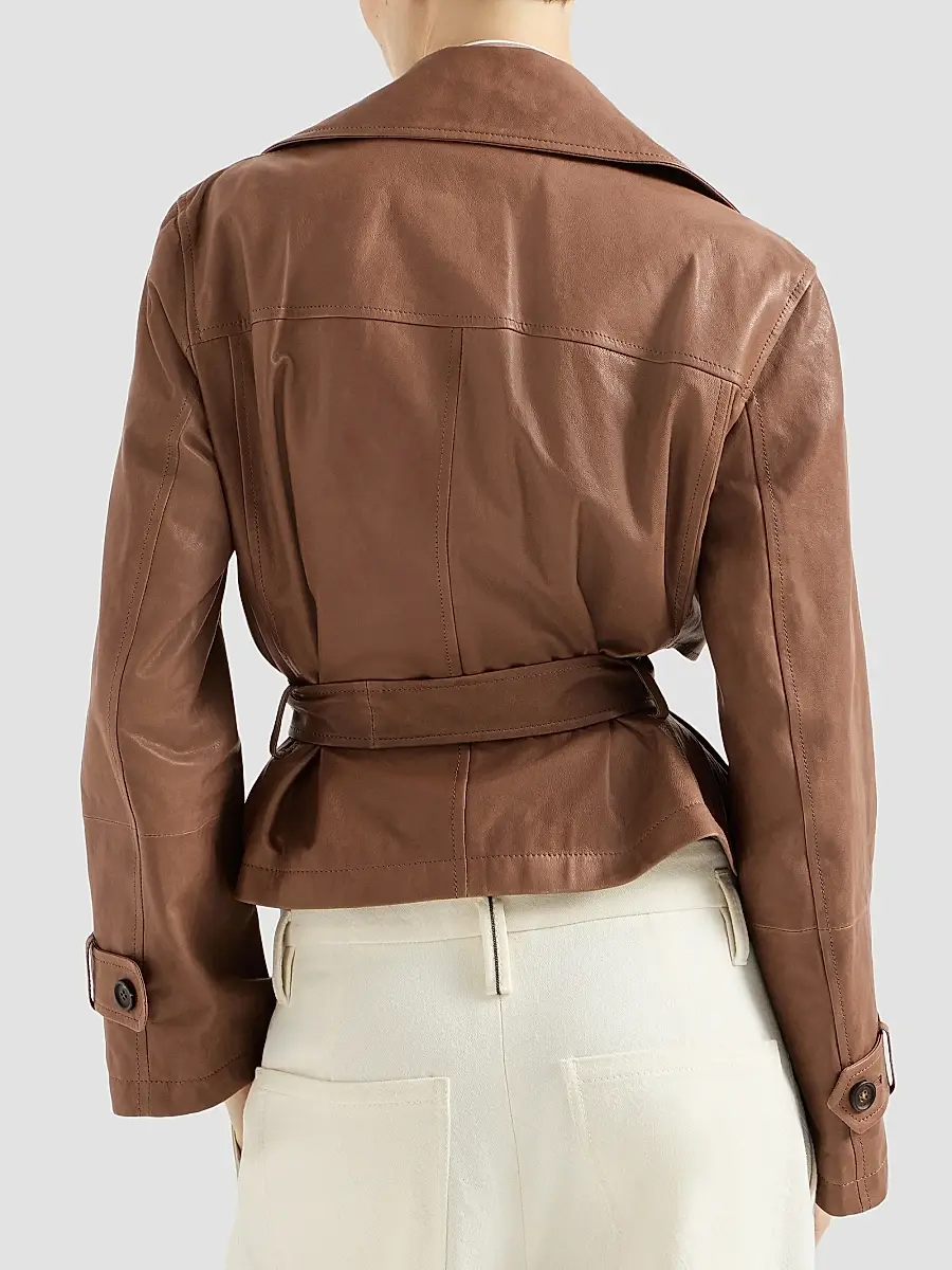 Brunello Cucinelli Women's Vintage Nappa Leather Cropped Trench with Monili - Brown | Thumbnail 4 Brunello Cucinelli Women's Vintage Nappa Leather Cropped Trench with Monili - Brown | Thumbnail 4