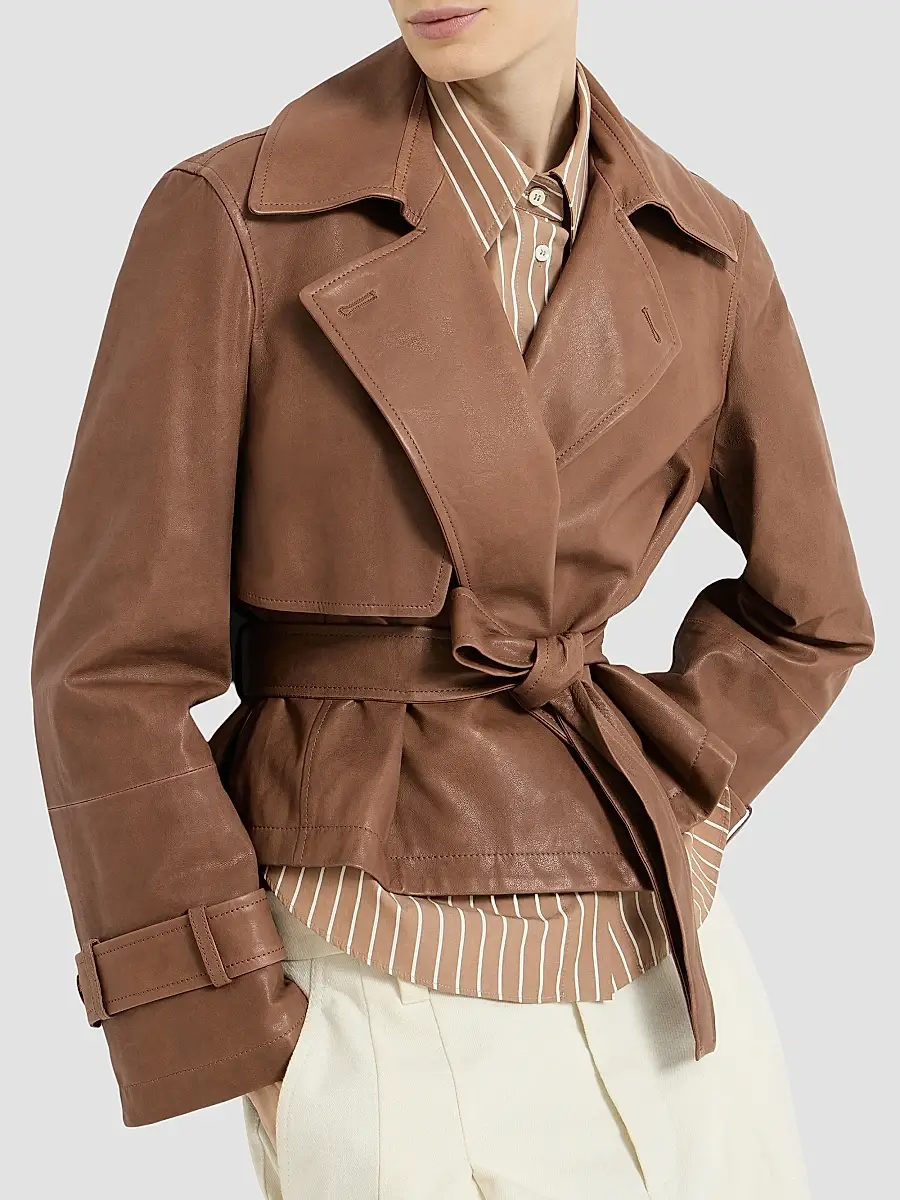 Brunello Cucinelli Women's Vintage Nappa Leather Cropped Trench with Monili - Brown | Thumbnail 5 Brunello Cucinelli Women's Vintage Nappa Leather Cropped Trench with Monili - Brown | Thumbnail 5