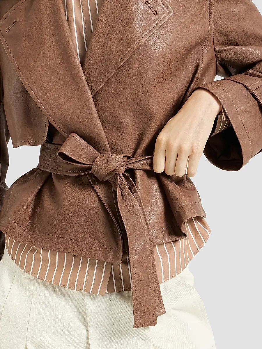 Brunello Cucinelli Women's Vintage Nappa Leather Cropped Trench with Monili - Brown | Thumbnail 6 Brunello Cucinelli Women's Vintage Nappa Leather Cropped Trench with Monili - Brown | Thumbnail 6