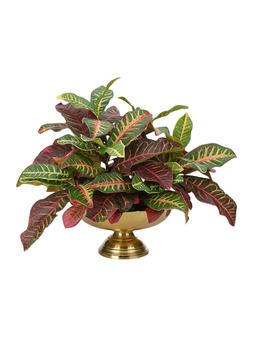NDI Croton Faux Plant in Footed Brass Vase