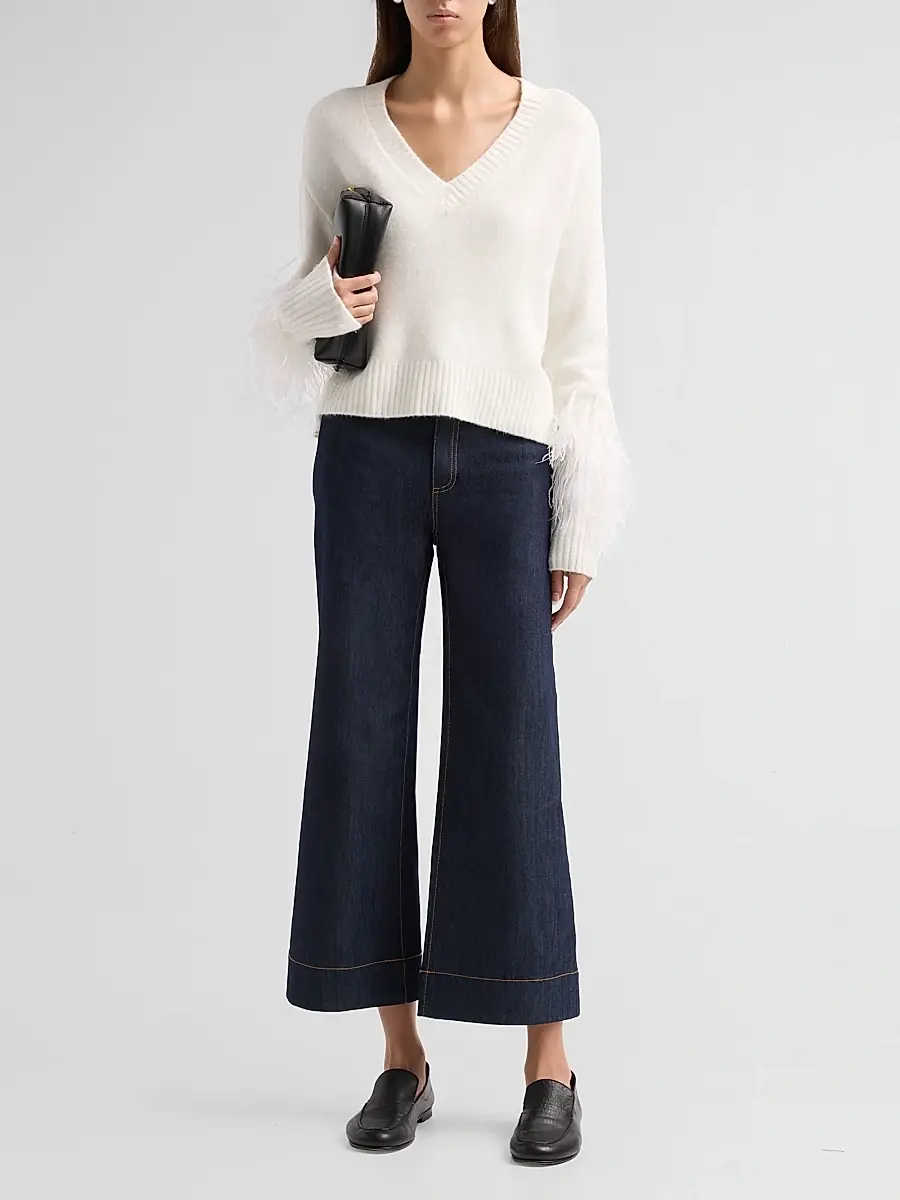 Cinq à Sept Women's Brianne Feather-Trim V-Neck Sweater | Thumbnail 2 Cinq à Sept Women's Brianne Feather-Trim V-Neck Sweater | Thumbnail 2