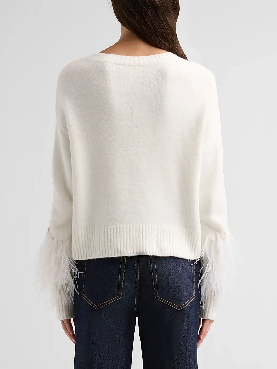 Cinq à Sept Women's Brianne Feather-Trim V-Neck Sweater | Thumbnail 3 Cinq à Sept Women's Brianne Feather-Trim V-Neck Sweater | Thumbnail 3