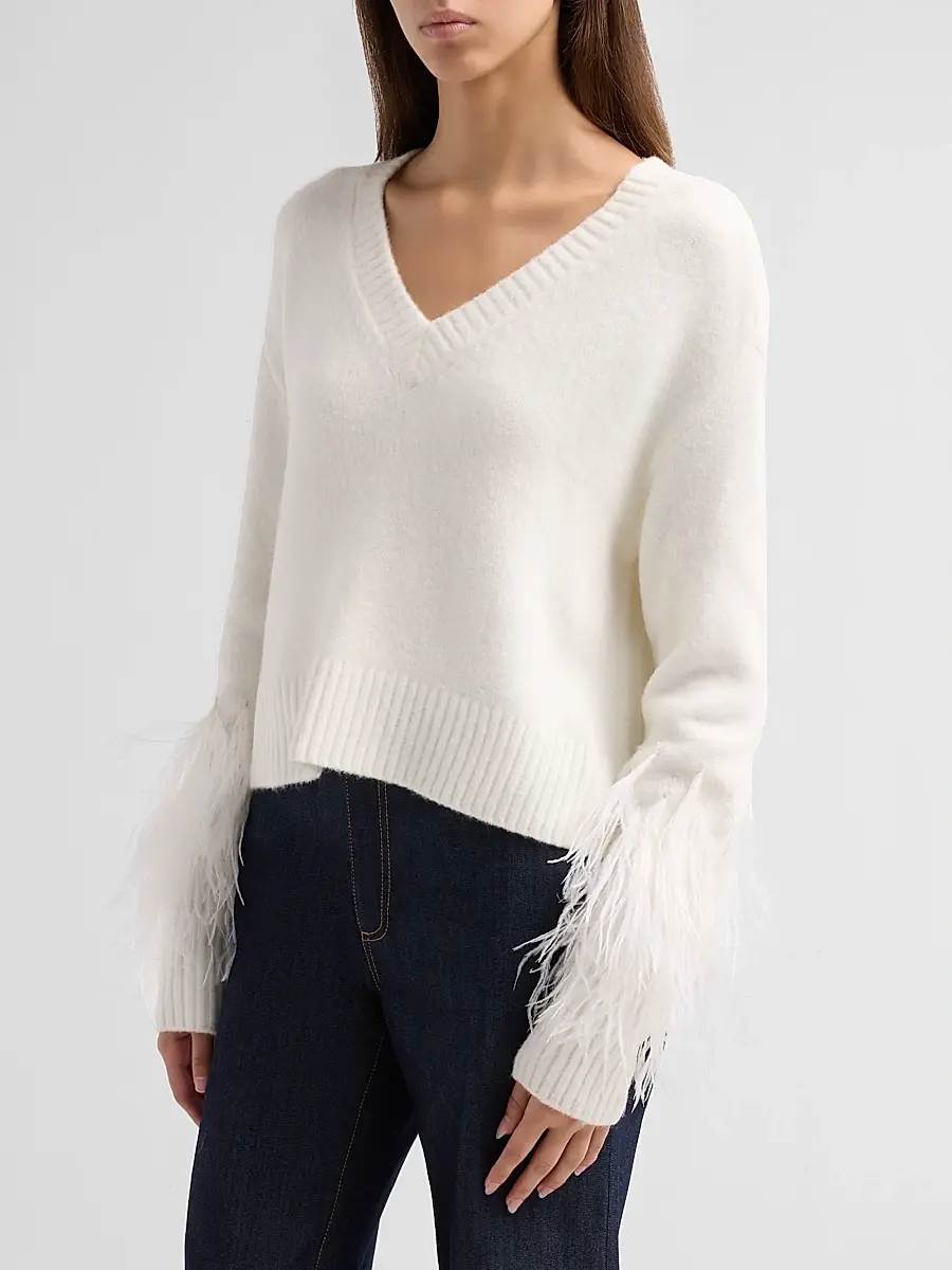 Cinq à Sept Women's Brianne Feather-Trim V-Neck Sweater | Thumbnail 4 Cinq à Sept Women's Brianne Feather-Trim V-Neck Sweater | Thumbnail 4
