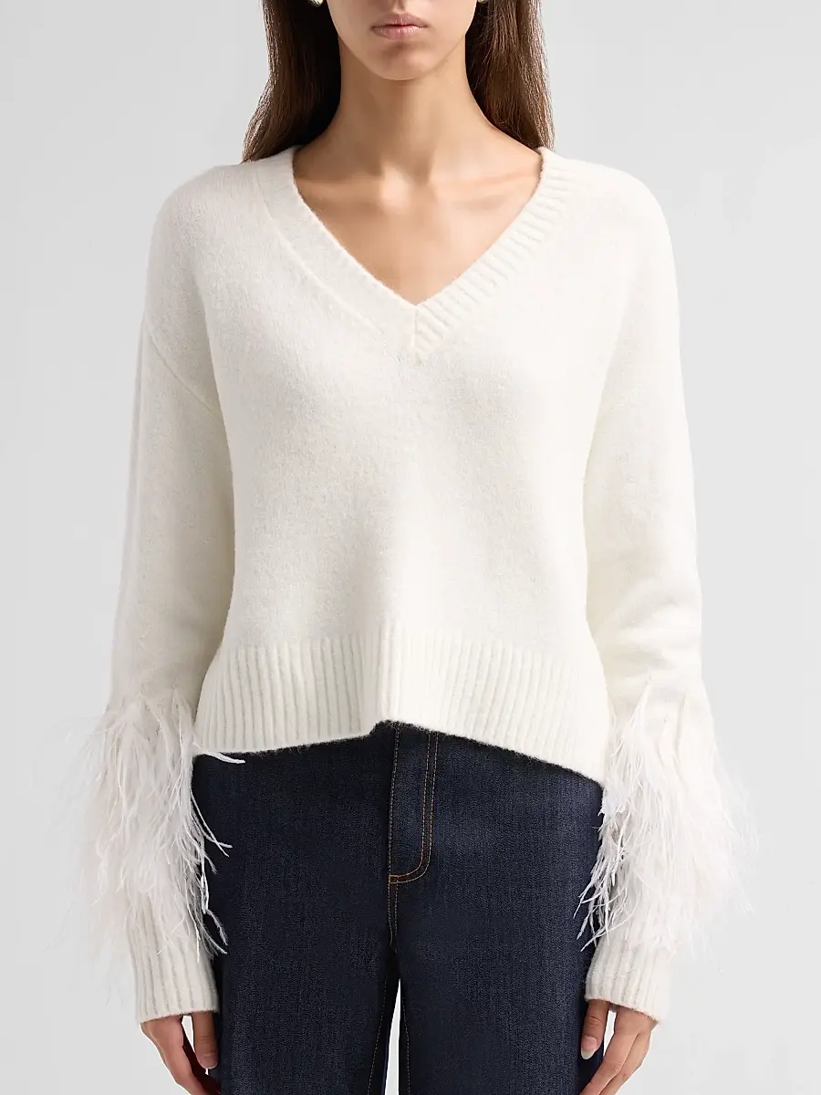 Cinq à Sept Women's Brianne Feather-Trim V-Neck Sweater | Thumbnail 5 Cinq à Sept Women's Brianne Feather-Trim V-Neck Sweater | Thumbnail 5