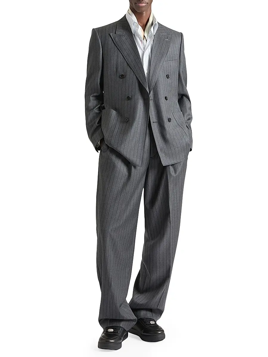 Givenchy Men's Double-Breasted Fitted Striped Jacket in Wool - Grey Brown | Thumbnail 2 Givenchy Men's Double-Breasted Fitted Striped Jacket in Wool - Grey Brown | Thumbnail 2