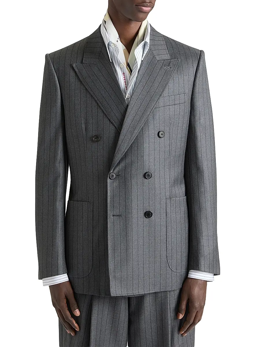 Givenchy Men's Double-Breasted Fitted Striped Jacket in Wool - Grey Brown | Thumbnail 3 Givenchy Men's Double-Breasted Fitted Striped Jacket in Wool - Grey Brown | Thumbnail 3