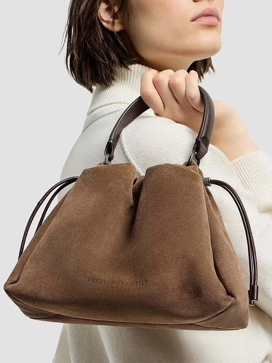 Brunello Cucinelli Women's Mellow Small Bucket Bag in Suede with Monili - Caramel | Thumbnail 2
