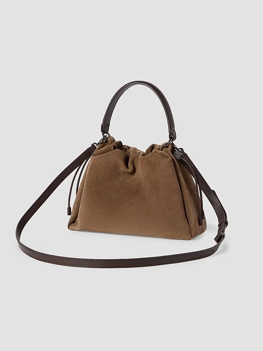 Brunello Cucinelli Women's Mellow Small Bucket Bag in Suede with Monili - Caramel | Thumbnail 3