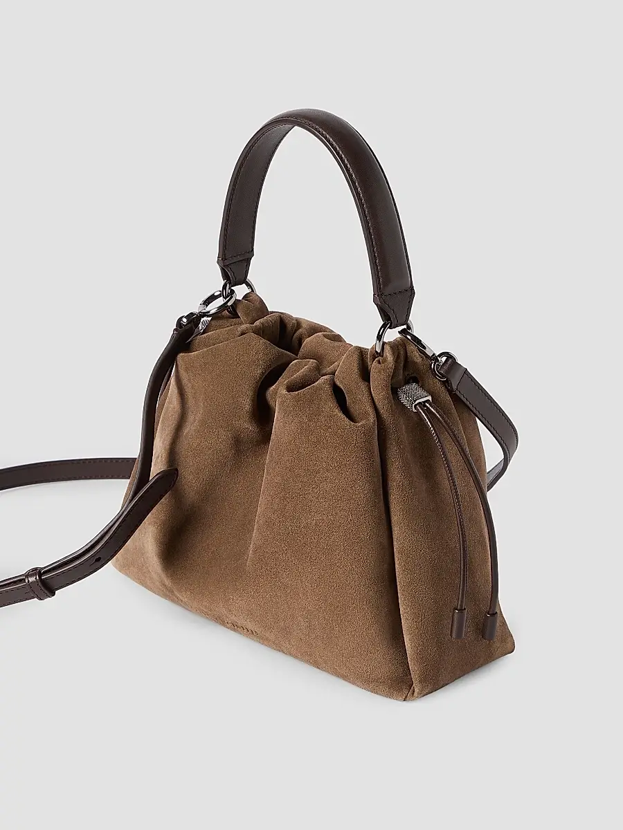 Brunello Cucinelli Women's Mellow Small Bucket Bag in Suede with Monili - Caramel | Thumbnail 4