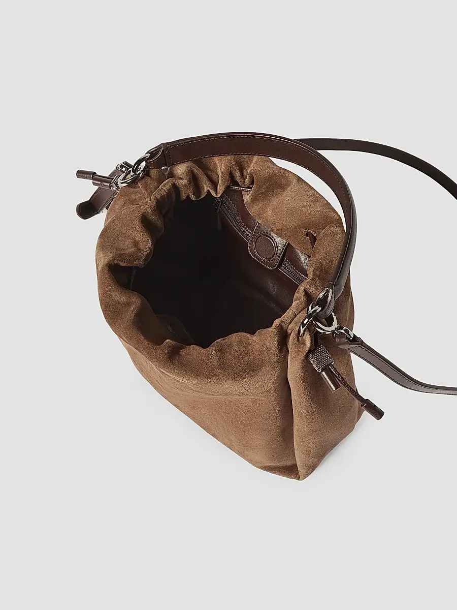 Brunello Cucinelli Women's Mellow Small Bucket Bag in Suede with Monili - Caramel | Thumbnail 5
