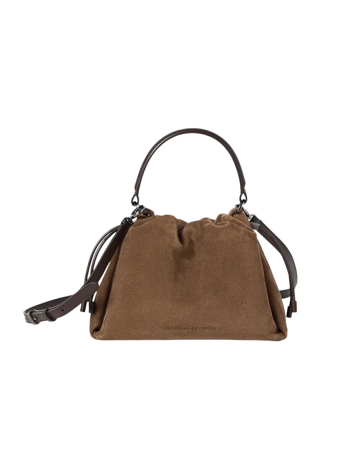 Women's Mellow Small Bucket Bag in Suede with Monili - Caramel