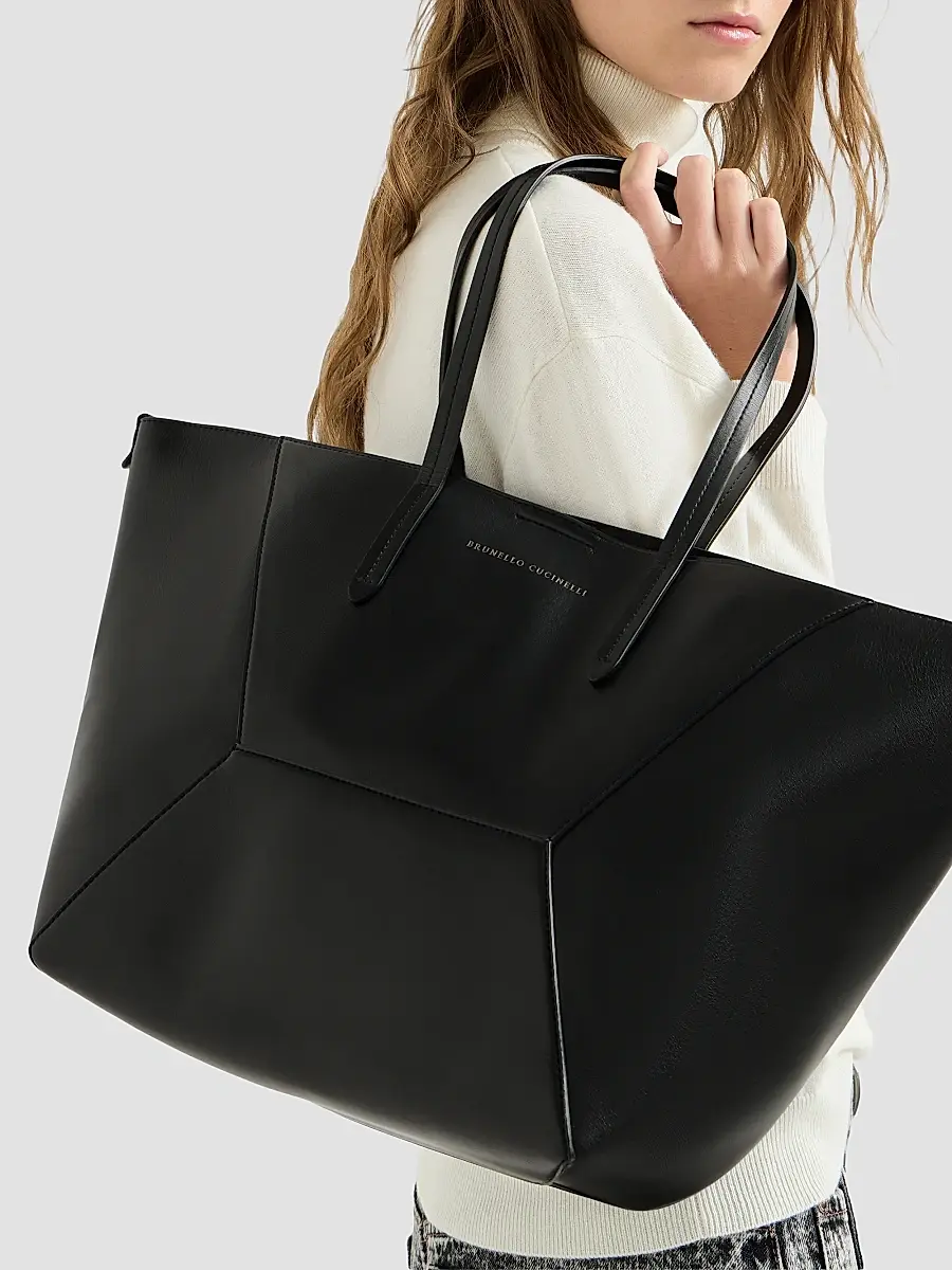 Brunello Cucinelli Women's Duo Tote Bag in Calfskin with Monili - Black | Thumbnail 2 Brunello Cucinelli Women's Duo Tote Bag in Calfskin with Monili - Black | Thumbnail 2