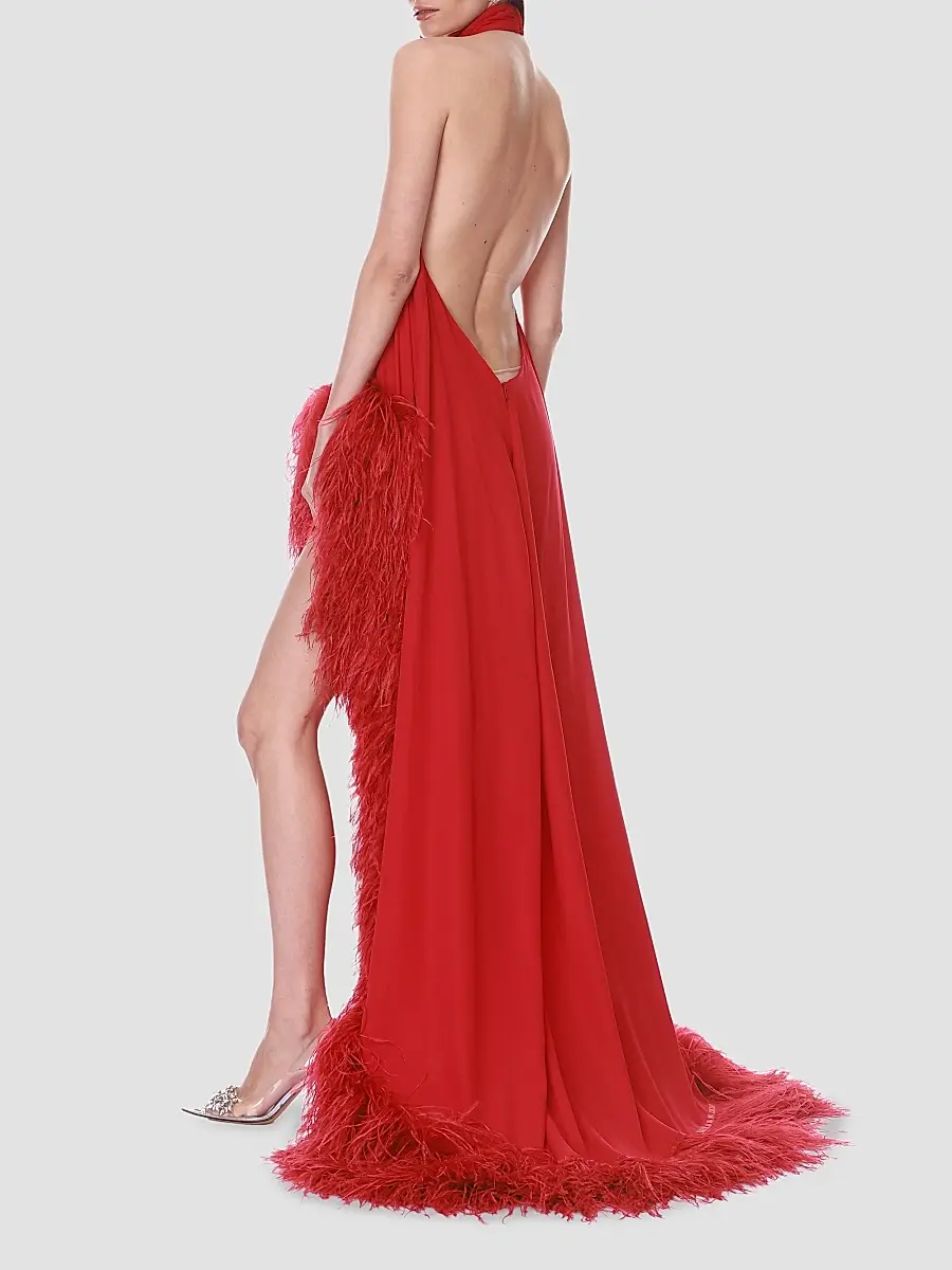 Bronx and Banco Women's Halter Neck Feather-Hem Chiffon Gown | Thumbnail 2 Bronx and Banco Women's Halter Neck Feather-Hem Chiffon Gown | Thumbnail 2