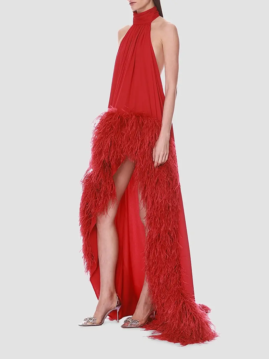 Bronx and Banco Women's Halter Neck Feather-Hem Chiffon Gown | Thumbnail 3 Bronx and Banco Women's Halter Neck Feather-Hem Chiffon Gown | Thumbnail 3
