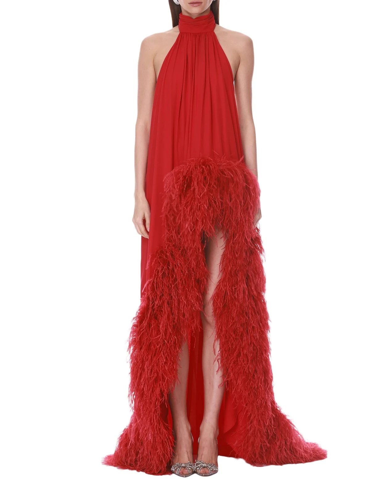 Women's Halter Neck Feather-Hem Chiffon Gown Women's Halter Neck Feather-Hem Chiffon Gown
