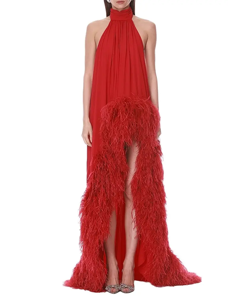 Women's Halter Neck Feather-Hem Chiffon Gown Women's Halter Neck Feather-Hem Chiffon Gown