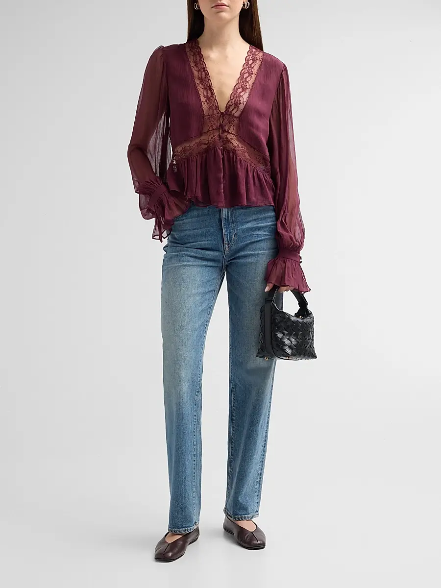 LoveShackFancy Women's Thessira Silk V-Neck Blouse | Thumbnail 2 LoveShackFancy Women's Thessira Silk V-Neck Blouse | Thumbnail 2