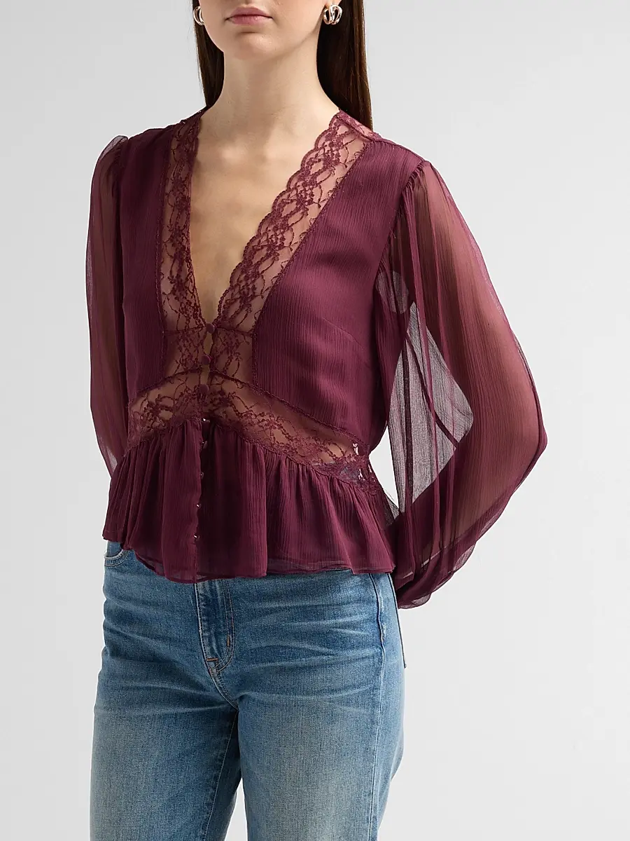 LoveShackFancy Women's Thessira Silk V-Neck Blouse | Thumbnail 4 LoveShackFancy Women's Thessira Silk V-Neck Blouse | Thumbnail 4