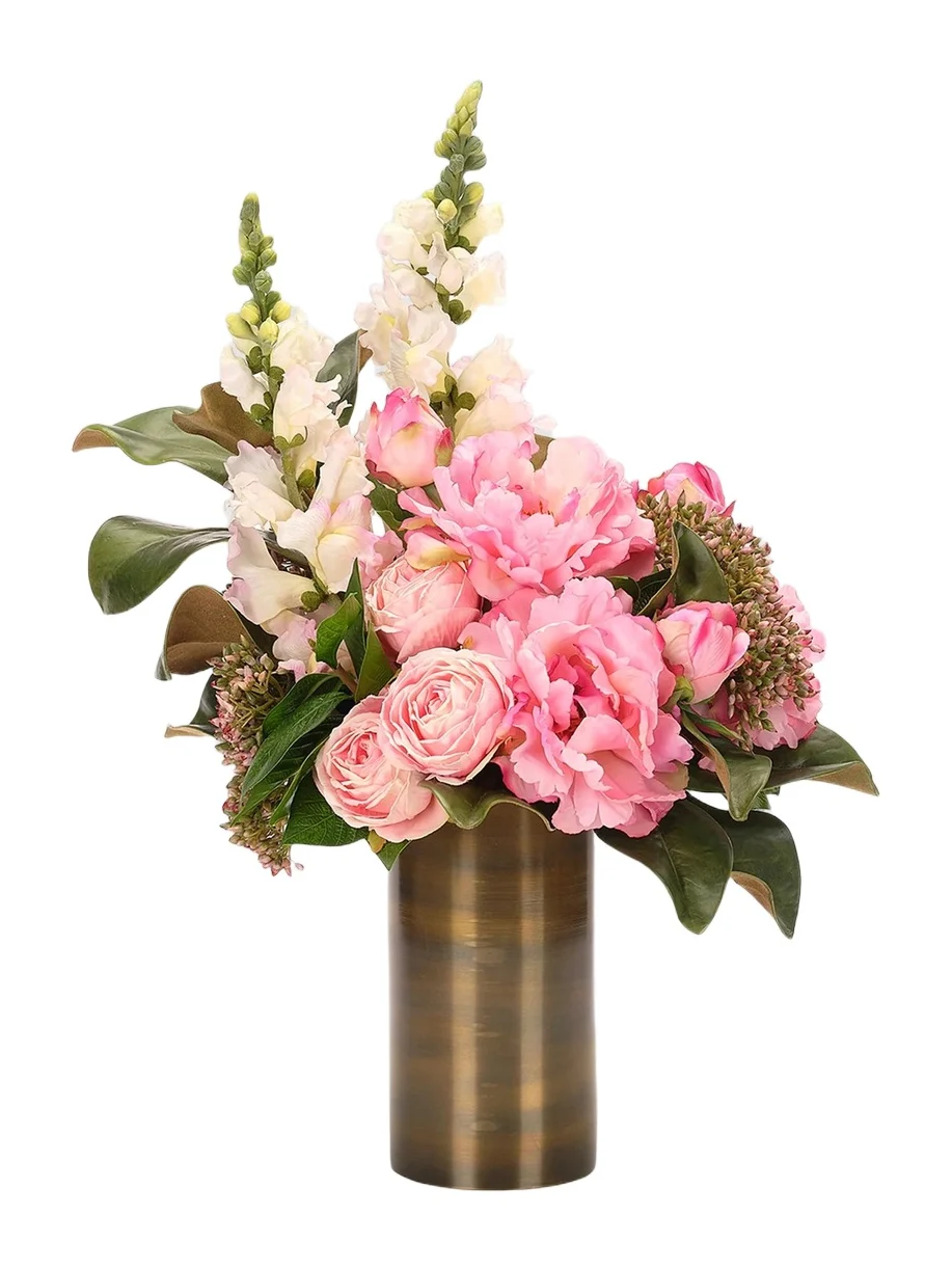 NDI Peonies & Snapdragons Faux Floral Arrangement in Brass Vase - Pink