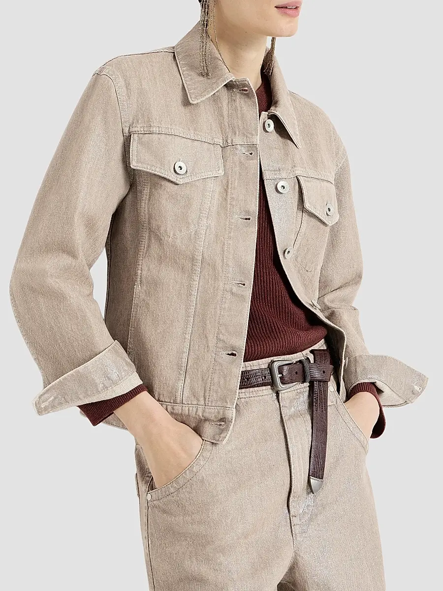 Brunello Cucinelli Women's Beige Lamé Denim Four-pocket Outerwear Jacket | Thumbnail 5 Brunello Cucinelli Women's Beige Lamé Denim Four-pocket Outerwear Jacket | Thumbnail 5
