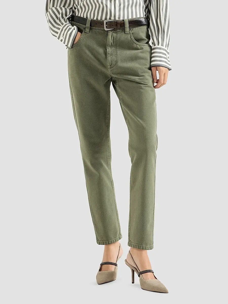 Brunello Cucinelli Women's Dyed Denim Five-Pocket Straight Trousers with Shiny Bartack - Green | Thumbnail 3 Brunello Cucinelli Women's Dyed Denim Five-Pocket Straight Trousers with Shiny Bartack - Green | Thumbnail 3
