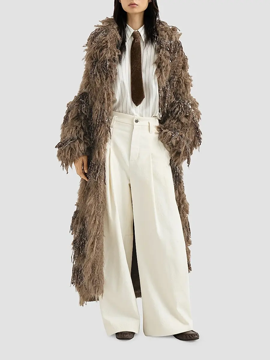 Brunello Cucinelli Women's Dazzling Moss Embroidery Long Cardigan in Mohair and Wool - Light Brown | Thumbnail 2