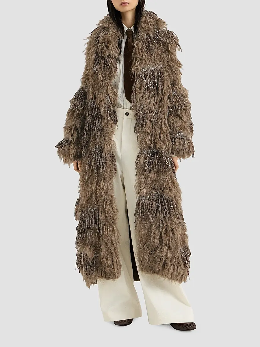 Brunello Cucinelli Women's Dazzling Moss Embroidery Long Cardigan in Mohair and Wool - Light Brown | Thumbnail 3